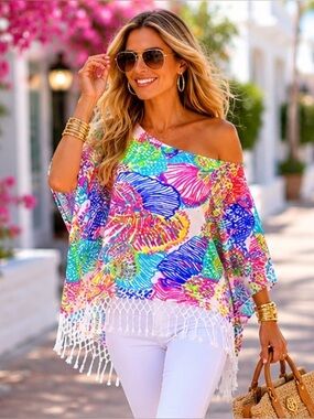 Lilly Pulitzer Jasmine Caftan Fringe Tunic Roar of the Seas Cover Up Top